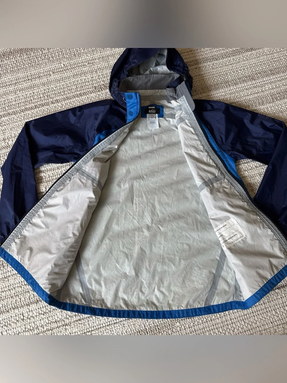 REI Co-Op Rain Jacket Kids Sz L (14-16) Blue Youth Windbreaker Outdoor Hiking